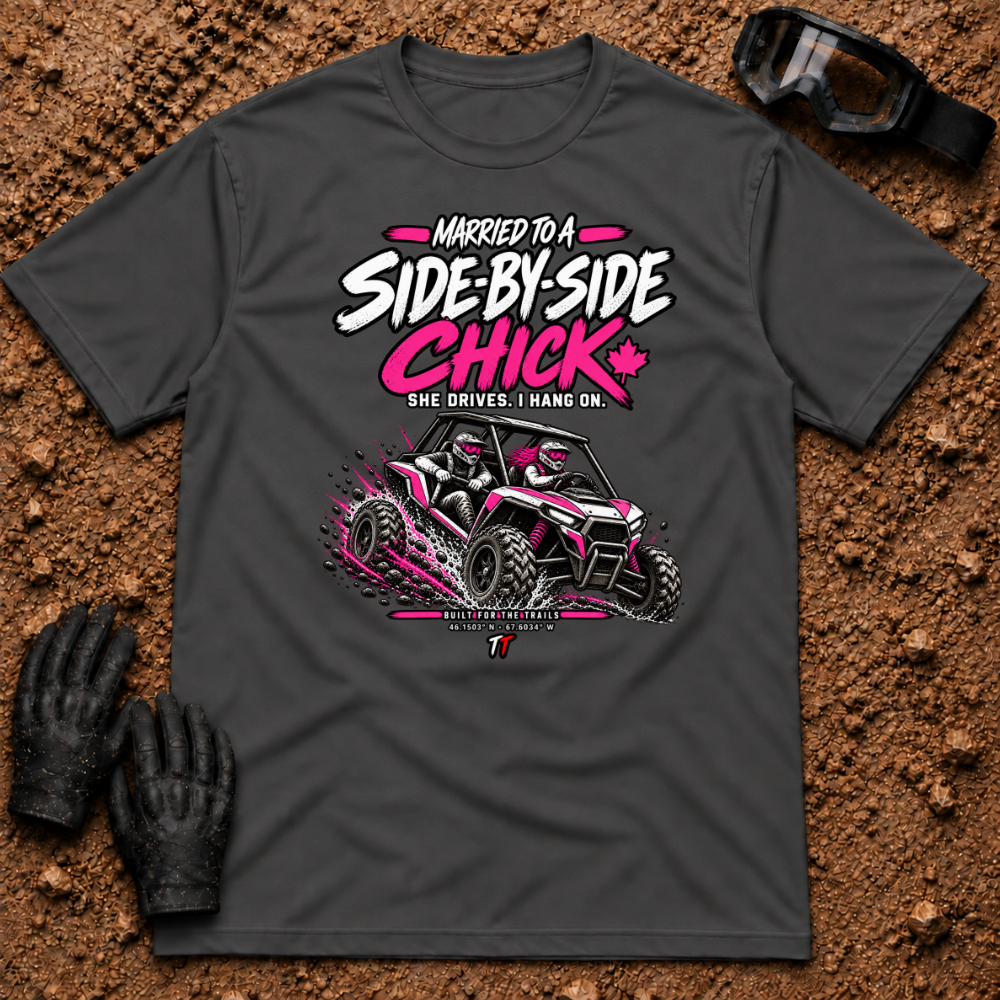 Dark Heather Married to a SXS Chick tee with pink lettering and couple in a mud-slinging side-by-side — Tire Time Offroad ATV/UTV tee
