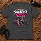 Dark Heather Married to a SXS Chick tee with pink lettering and couple in a mud-slinging side-by-side — Tire Time Offroad ATV/UTV tee