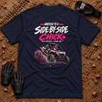 Navy Married to a SXS Chick tee with pink lettering and couple in a mud-slinging side-by-side — Tire Time Offroad ATV/UTV tee