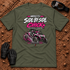 Military Green Married to a SXS Chick tee with pink lettering and couple in a mud-slinging side-by-side — Tire Time Offroad ATV/UTV tee