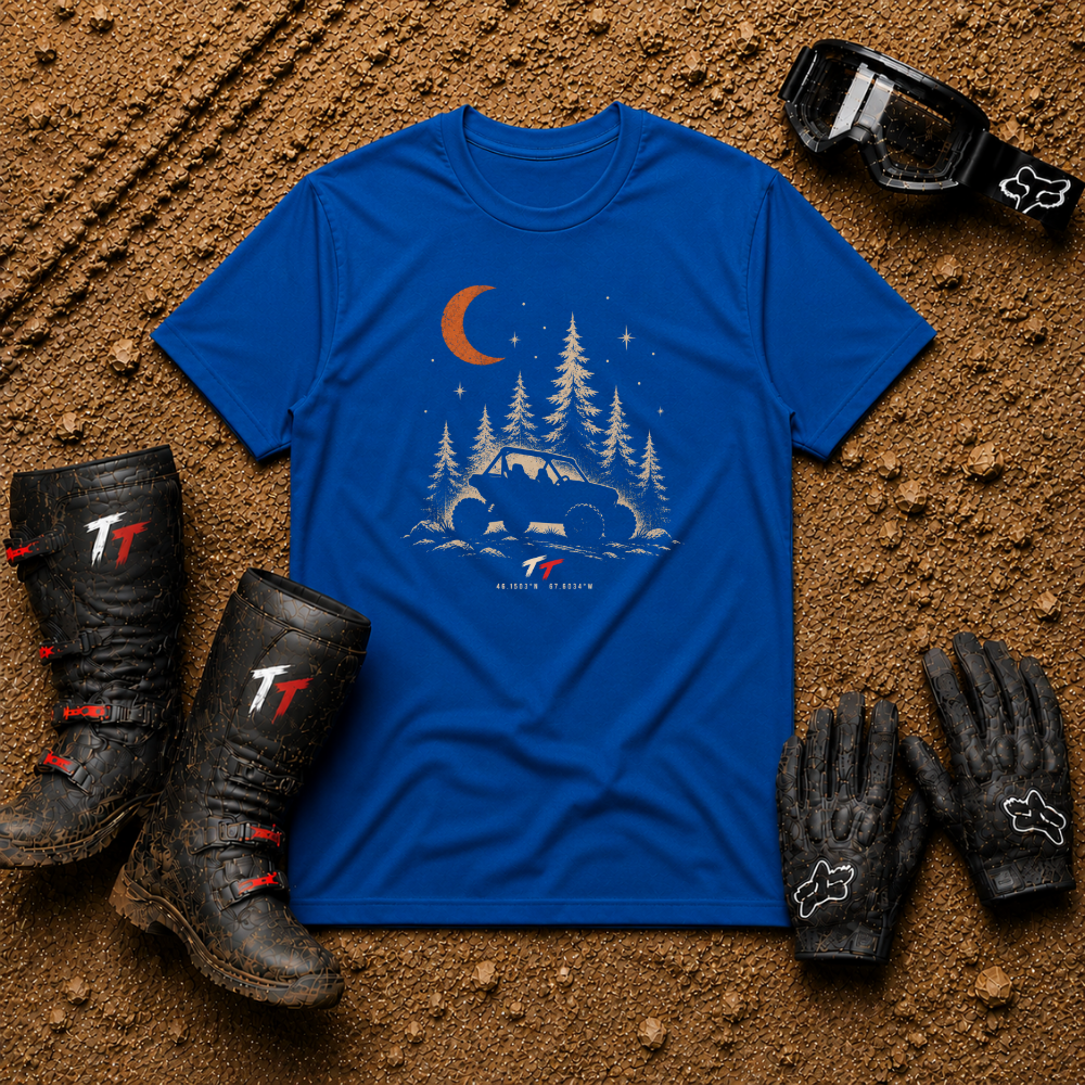 Royal blue Midnight Adventure off-road graphic tee – Tire Time Atlantic Canada apparel