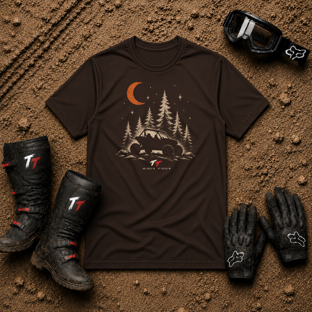 Dark chocolate brown Midnight Adventure graphic tee – Tire Time off-road apparel