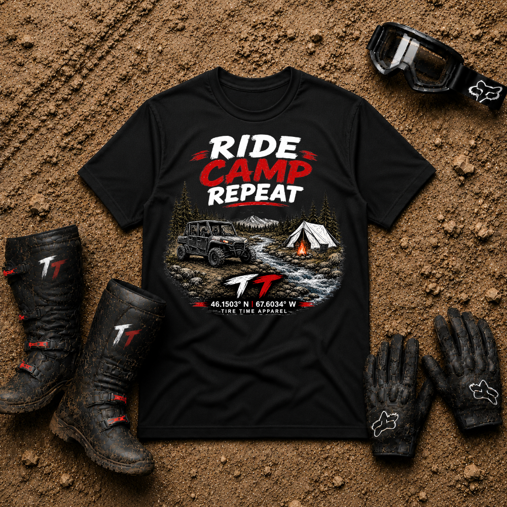 Black Ride Camp Repeat off-road camping t-shirt for weekend trail riders — Tire Time Offroad