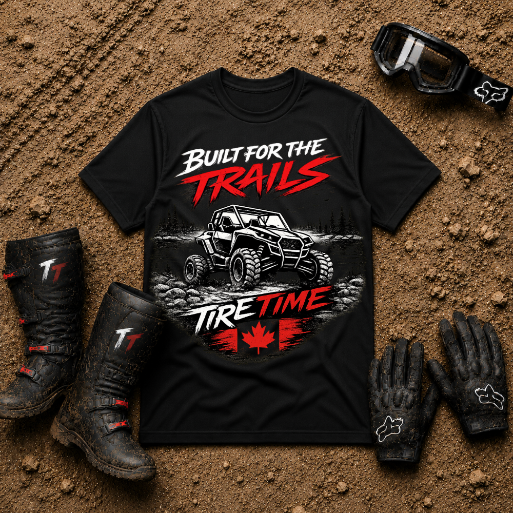 Black Built For The Trails Tire Time tee with bold side-by-side graphic — Tire Time Offroad