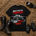 Black Built For The Trails Tire Time tee with bold side-by-side graphic — Tire Time Offroad