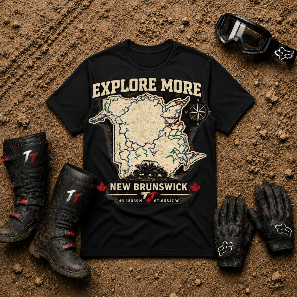 Black New Brunswick ATV trail map t-shirt with side-by-side silhouette — Tire Time Offroad