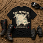 Black New Brunswick ATV trail map t-shirt with side-by-side silhouette — Tire Time Offroad