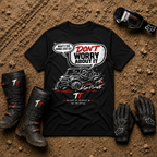 Black Don't Worry About It vintage side-by-side graphic t-shirt from Tire Time Offroad, shown flat lay