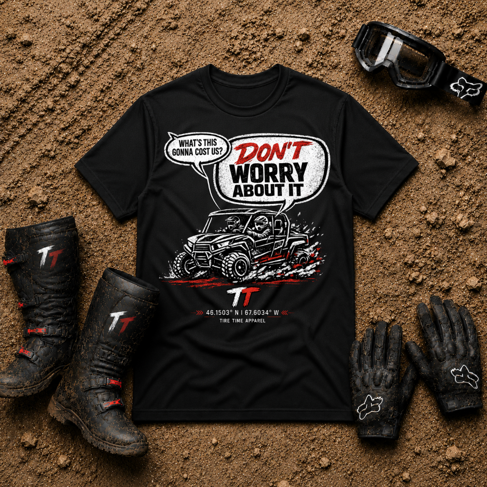 Black Don't Worry About It vintage side-by-side graphic t-shirt from Tire Time Offroad, shown flat lay