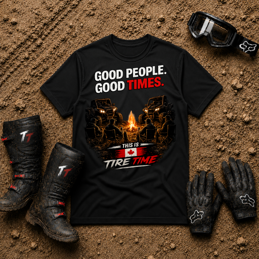 Black Good People Good Times off-road t-shirt with UTV and campfire graphic — Tire Time Offroad