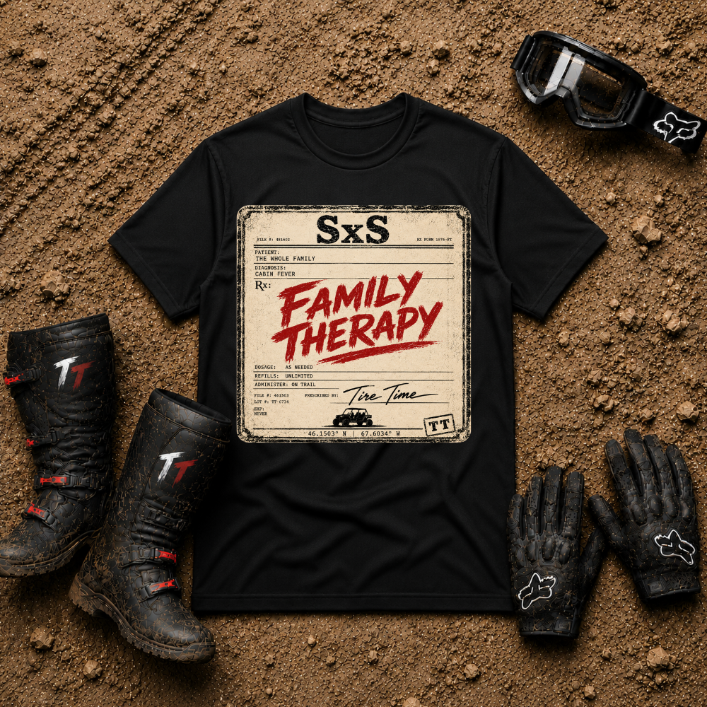 Family Therapy Prescription t-shirt in Black — retro Rx chart design for off-road ATV and UTV trail riding families | Tire Time Offroad
