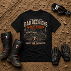 Black Bad Decisions Make Great Stories t-shirt with side-by-side and quad graphic — Tire Time Offroad