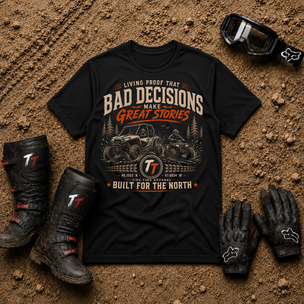 Black Bad Decisions Make Great Stories t-shirt with side-by-side and quad graphic — Tire Time Offroad