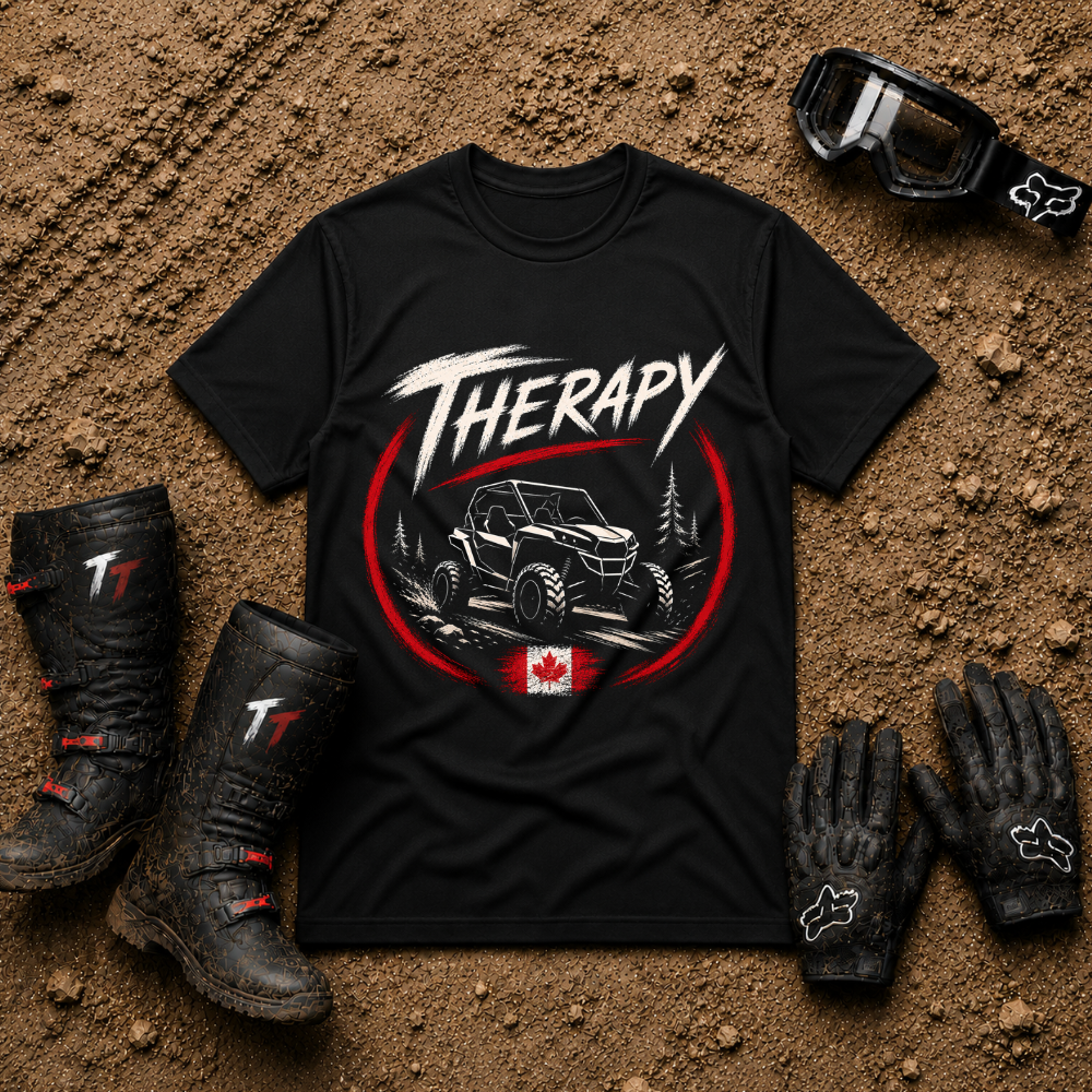 Therapy T-Shirt in Black - UTV side-by-side trail graphic with Canadian flag, Tire Time Offroad