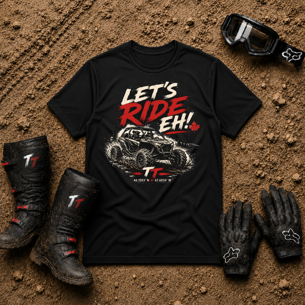 Let's Ride Eh! Off-Road T-Shirt in Black - Canadian ATV UTV Graphic Tee | Tire Time