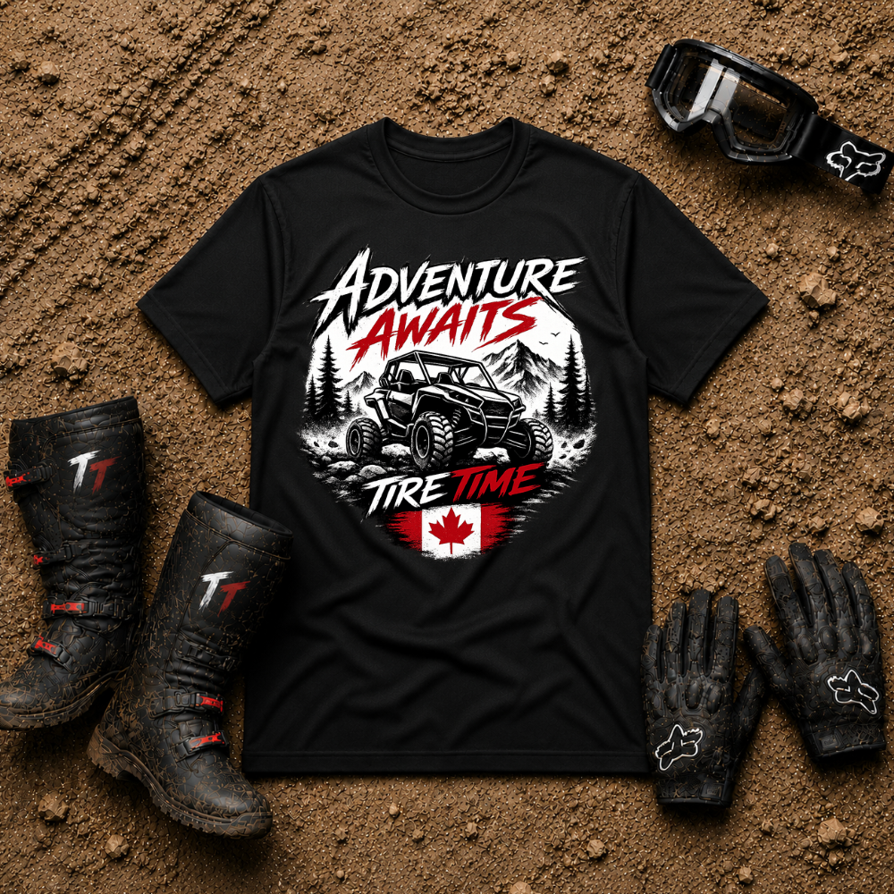 Black Adventure Awaits off-road t-shirt with side-by-side and forest graphic — Tire Time Offroad