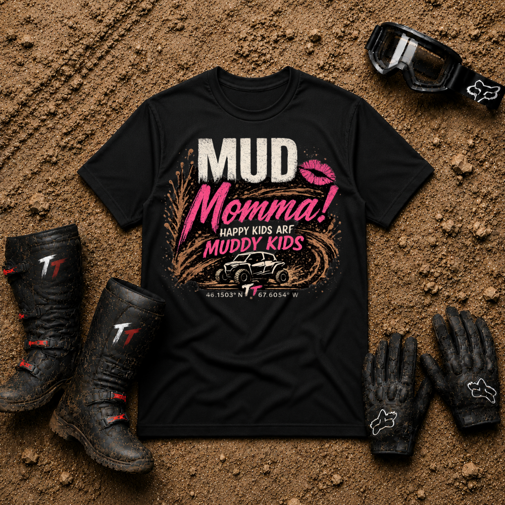 Black Mud Momma t-shirt — Caffeine, Chaos & Horsepower off-road mom tee