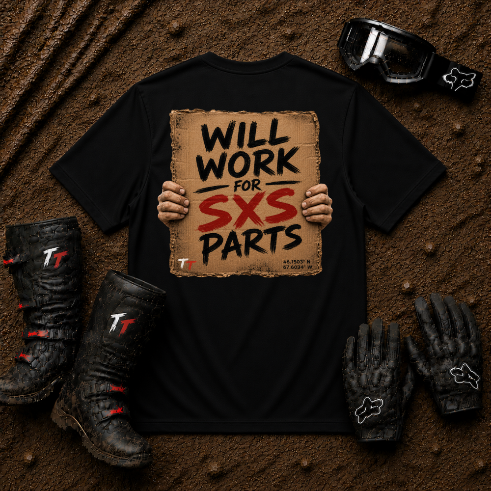 Black unisex t-shirt printed with "Will Work for SXS Parts" - funny side-by-side off-road graphic tee