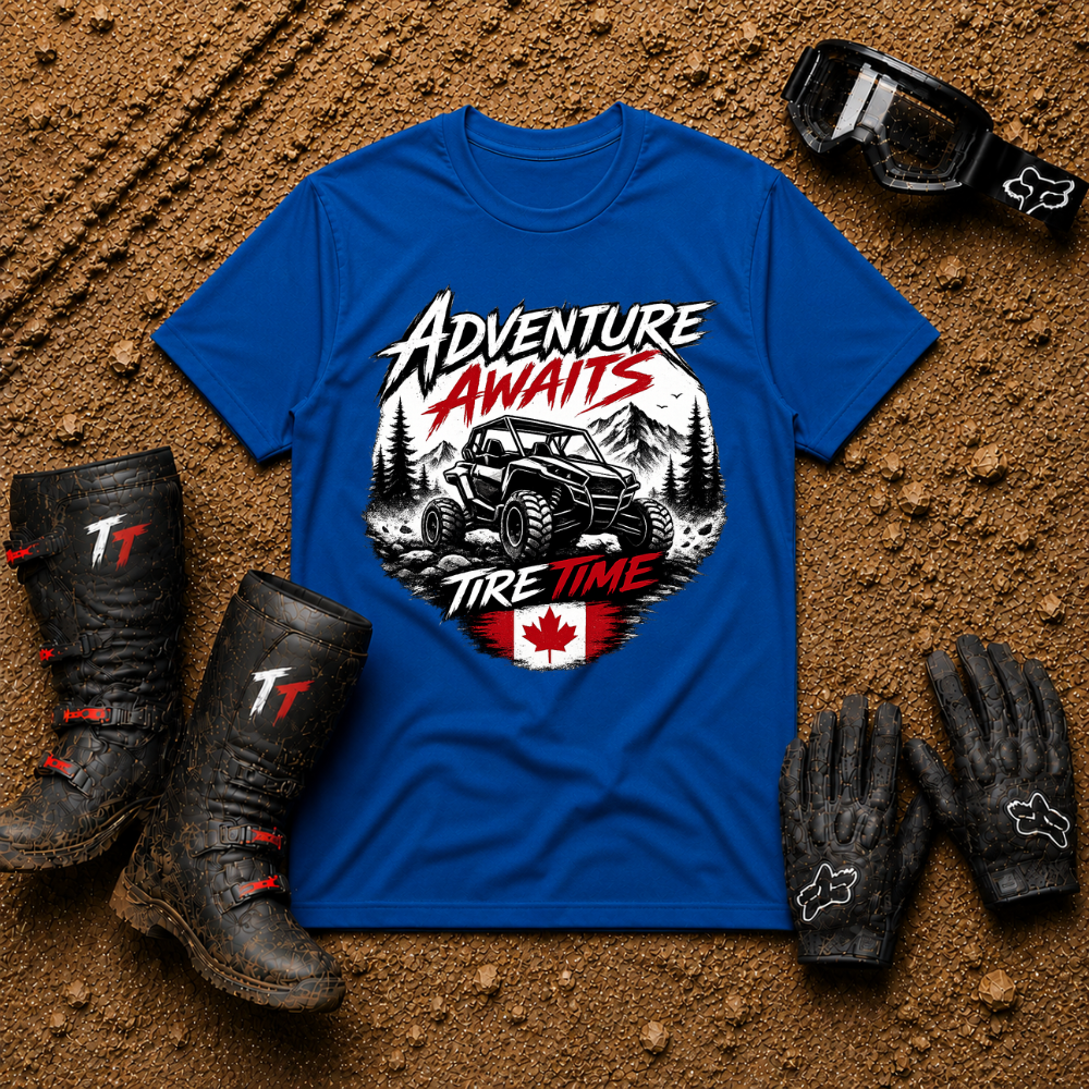 Royal blue Adventure Awaits SxS trail graphic tee — Tire Time Offroad