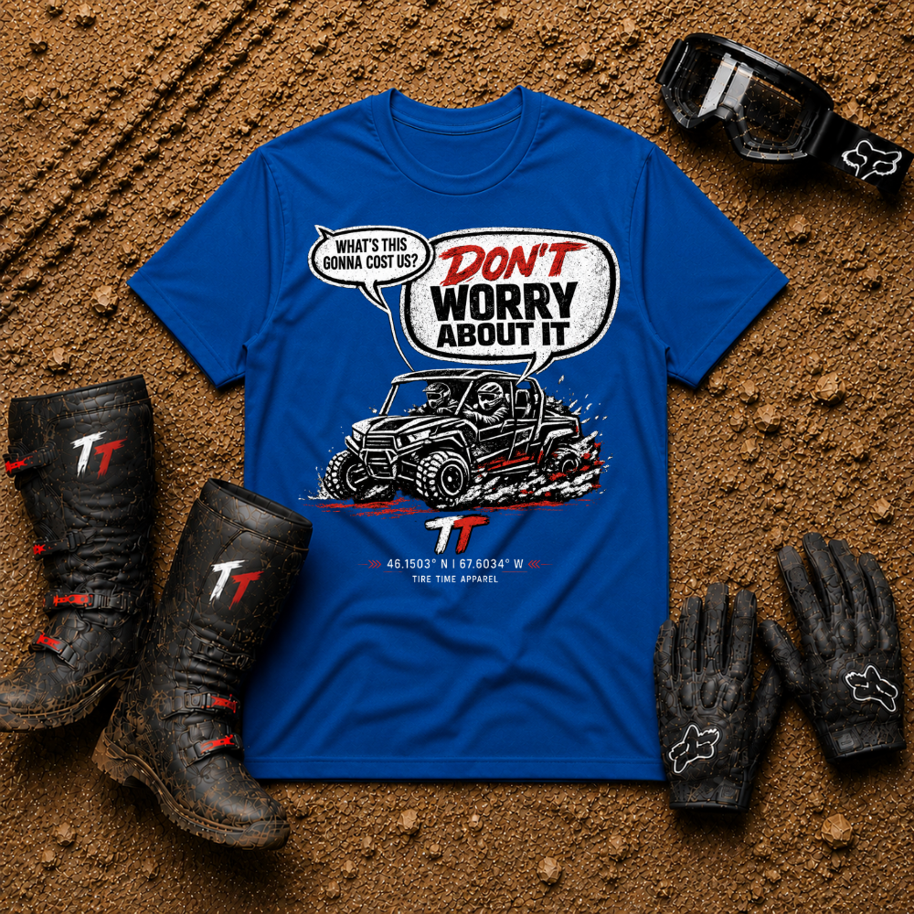 Royal blue Don't Worry About It vintage side-by-side t-shirt for ATV and UTV riders