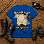 Royal blue New Brunswick trail riding t-shirt with SxS silhouette and ATV trail map — Tire Time Offroad