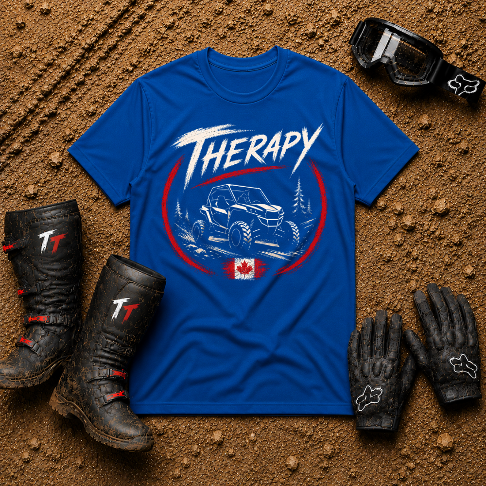 Therapy T-Shirt in Royal Blue - UTV side-by-side trail graphic with Canadian flag, Tire Time Offroad