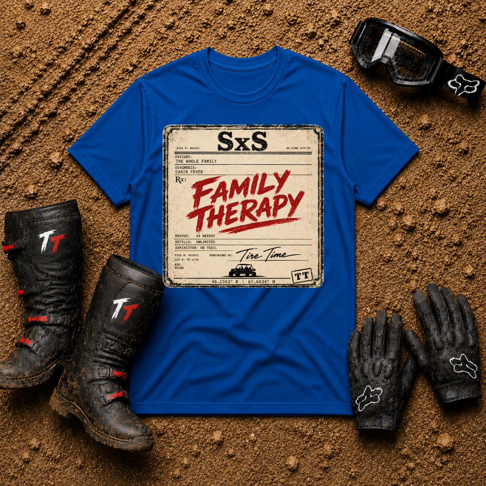 Family Therapy Prescription t-shirt in Royal Blue — retro Rx chart design for off-road ATV and UTV trail riding families | Tire Time Offroad