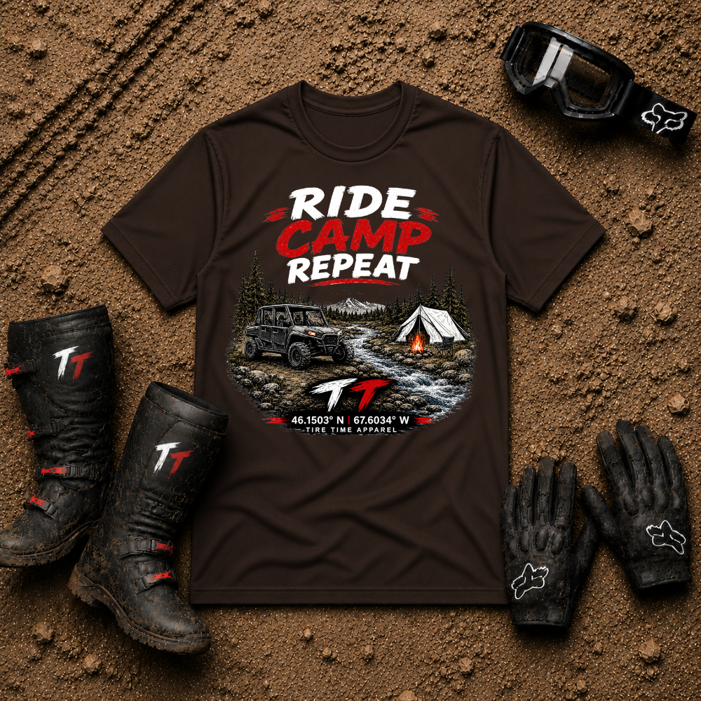 Dark chocolate Ride Camp Repeat ATV camping graphic tee — Tire Time Offroad