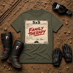 Family Therapy Prescription t-shirt in Military Green — retro Rx chart design for off-road ATV and UTV trail riding families | Tire Time Offroad