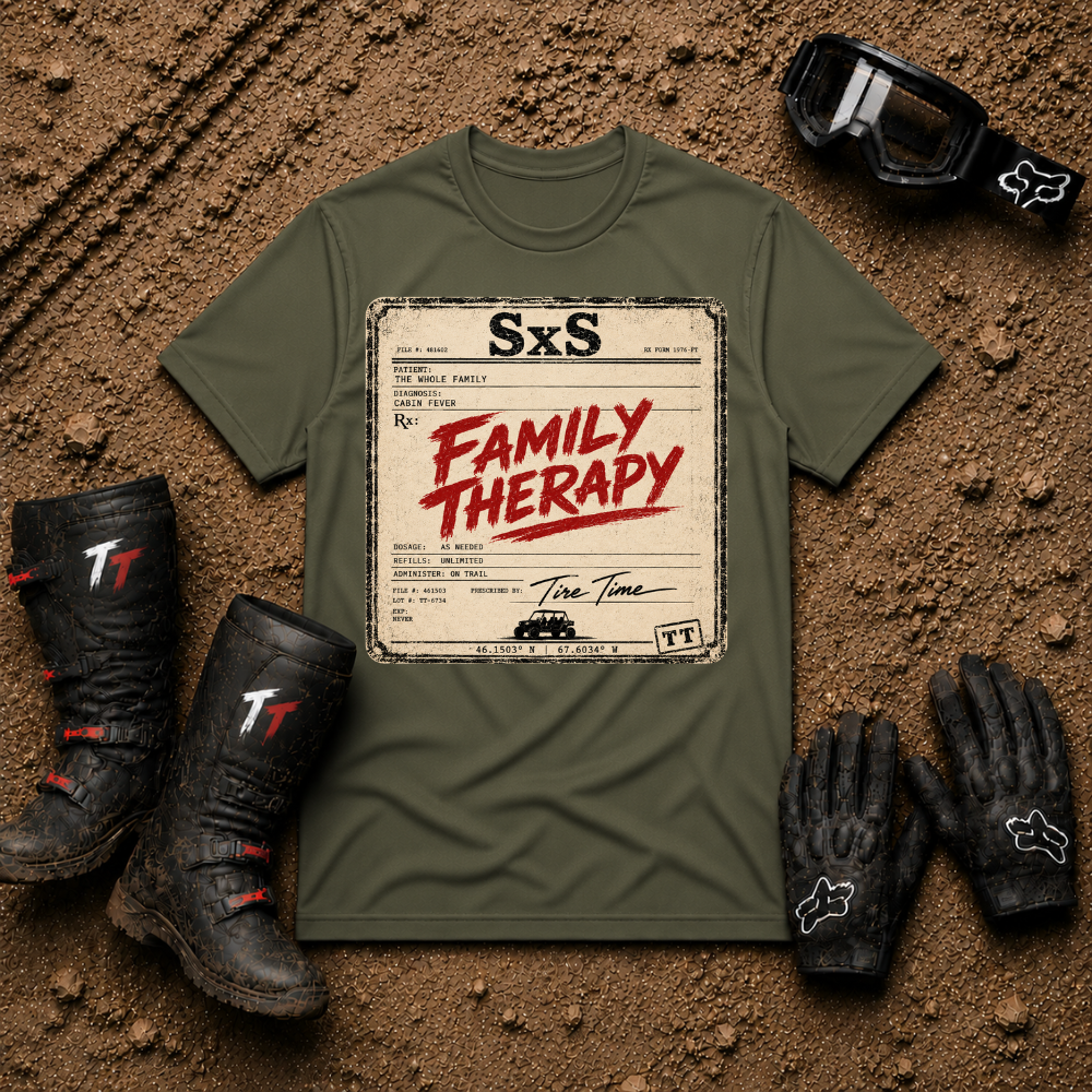 Family Therapy Prescription t-shirt in Military Green — retro Rx chart design for off-road ATV and UTV trail riding families | Tire Time Offroad