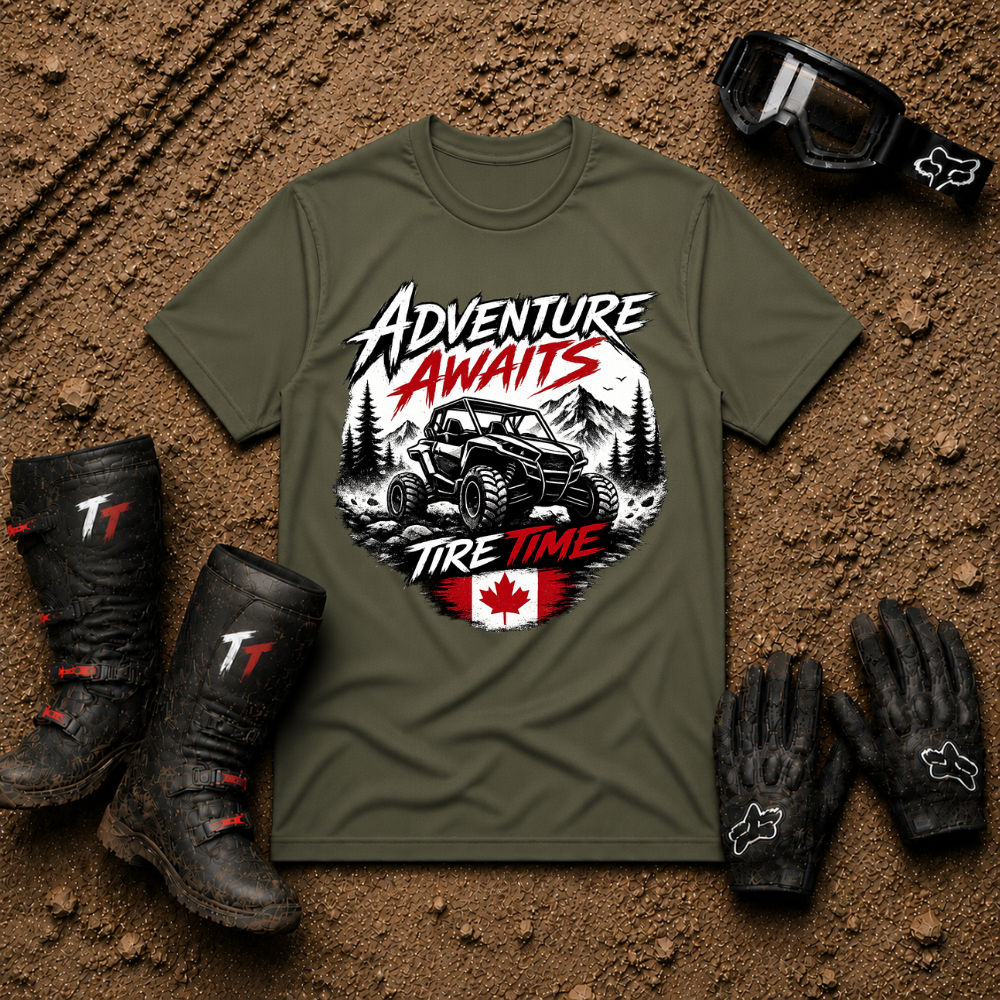 Military green Adventure Awaits Canadian trail rider graphic tee — Tire Time Offroad