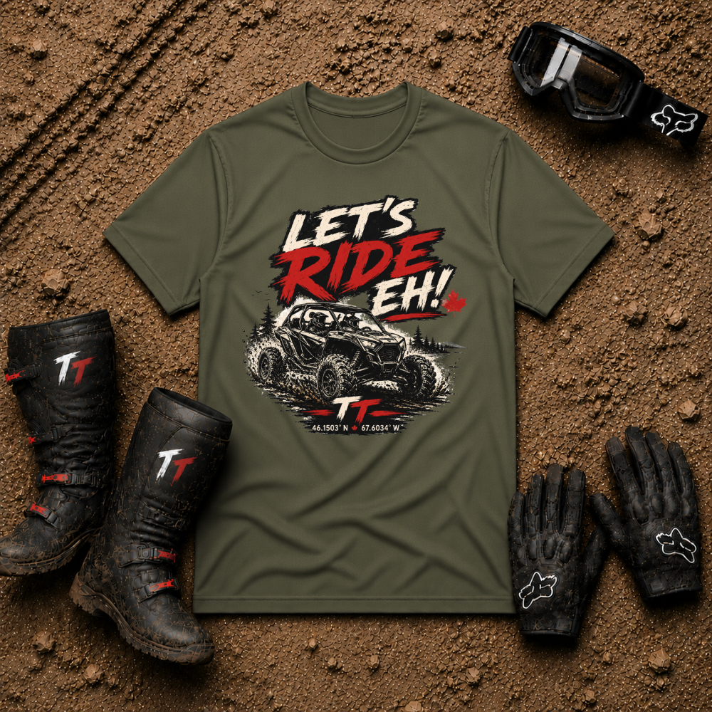 Let's Ride Eh! Off-Road T-Shirt in Military Green - Canadian ATV UTV Graphic Tee | Tire Time