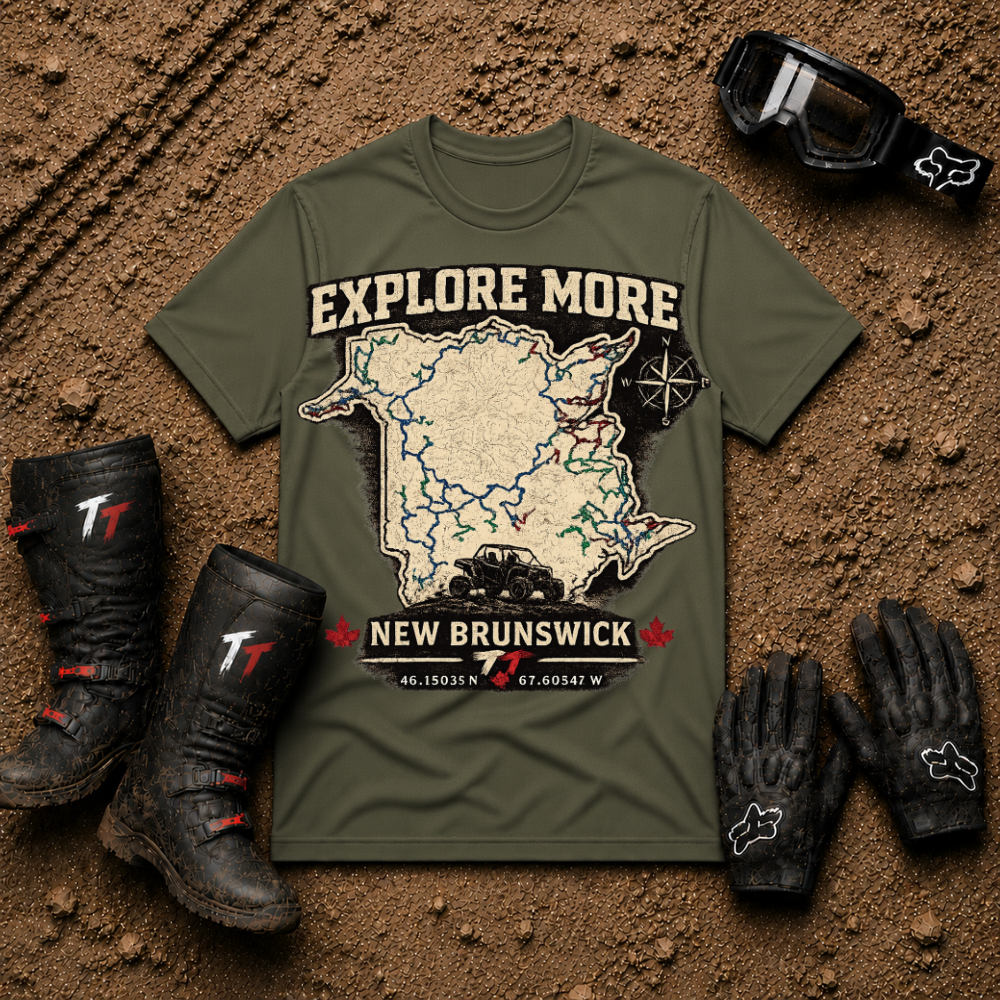 Military green New Brunswick ATV trail map shirt for quad and side-by-side riders — Tire Time Offroad