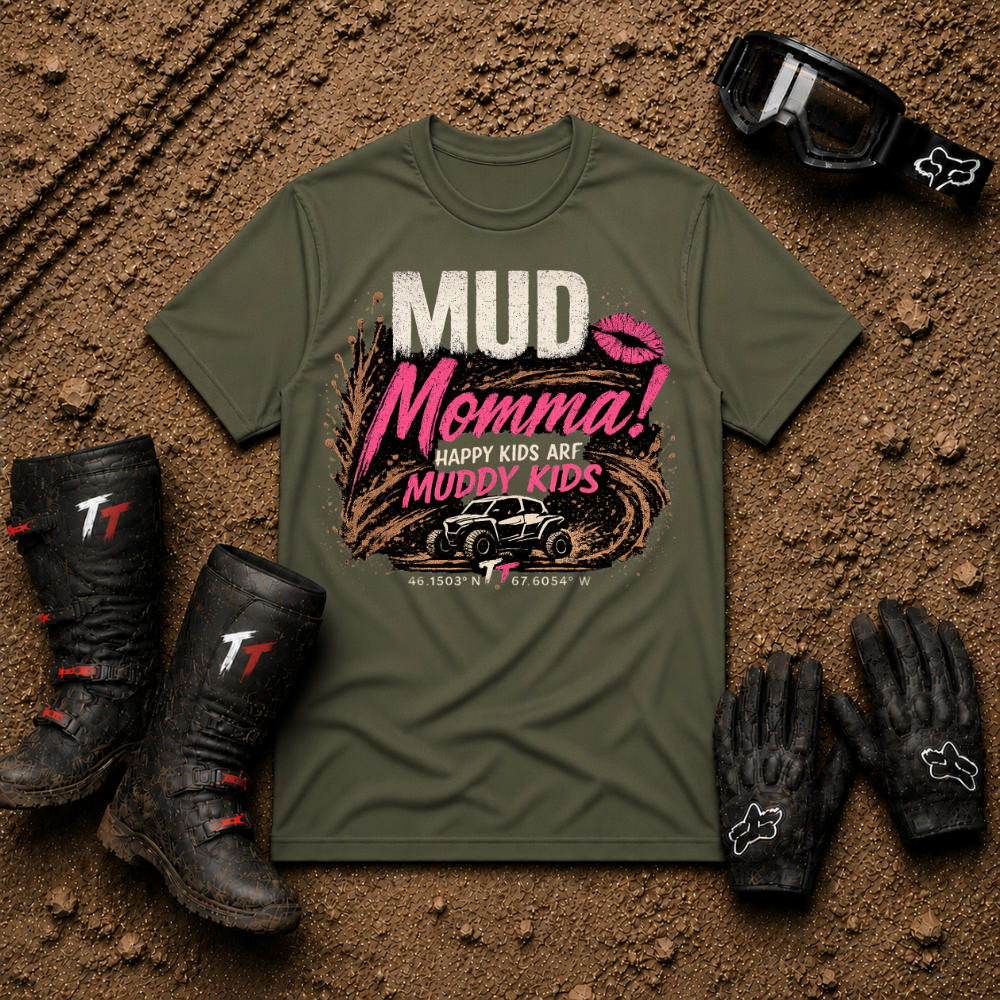 Military green Mud Momma t-shirt — Caffeine, Chaos & Horsepower off-road mom tee