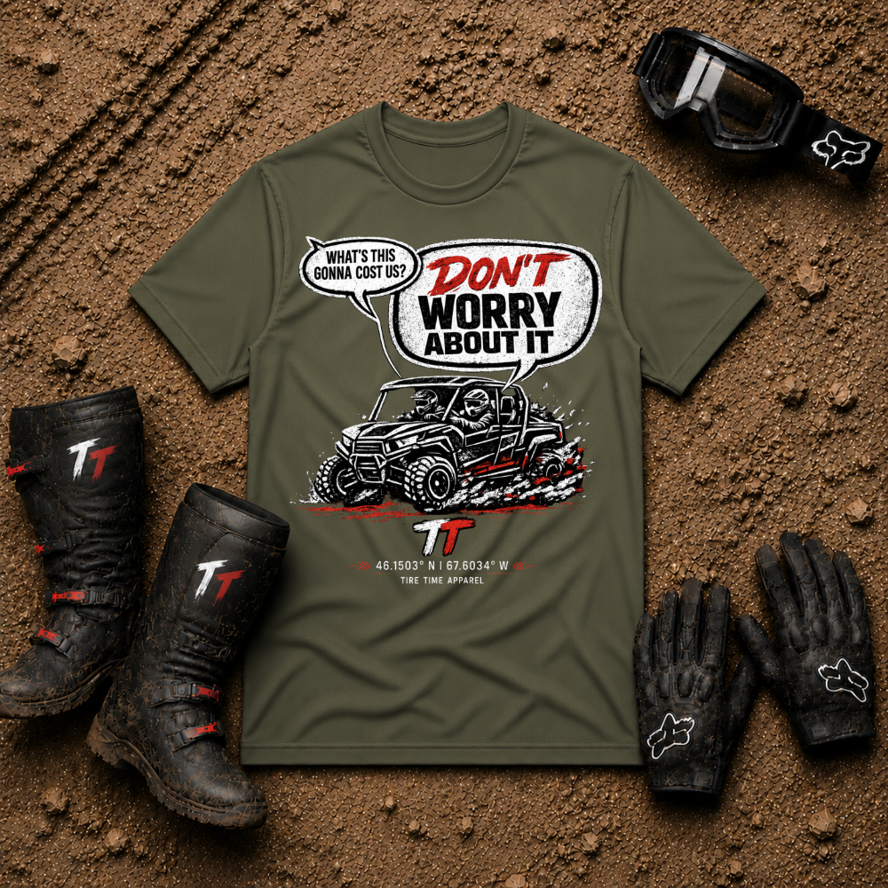 Military green Don't Worry About It vintage SXS graphic tee, trail riding apparel