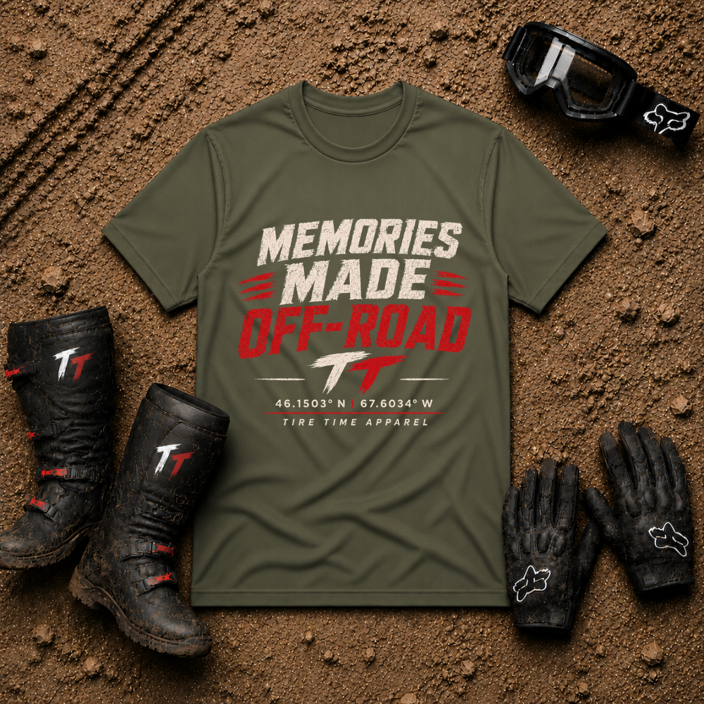 Military green Memories Made Off-Road trail riding t-shirt — Tire Time Offroad