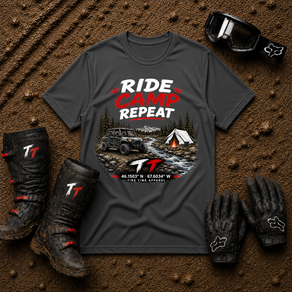 Dark heather grey Ride Camp Repeat quad riding camping graphic tee — Tire Time Offroad