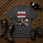 Dark heather grey Ride Camp Repeat quad riding camping graphic tee — Tire Time Offroad