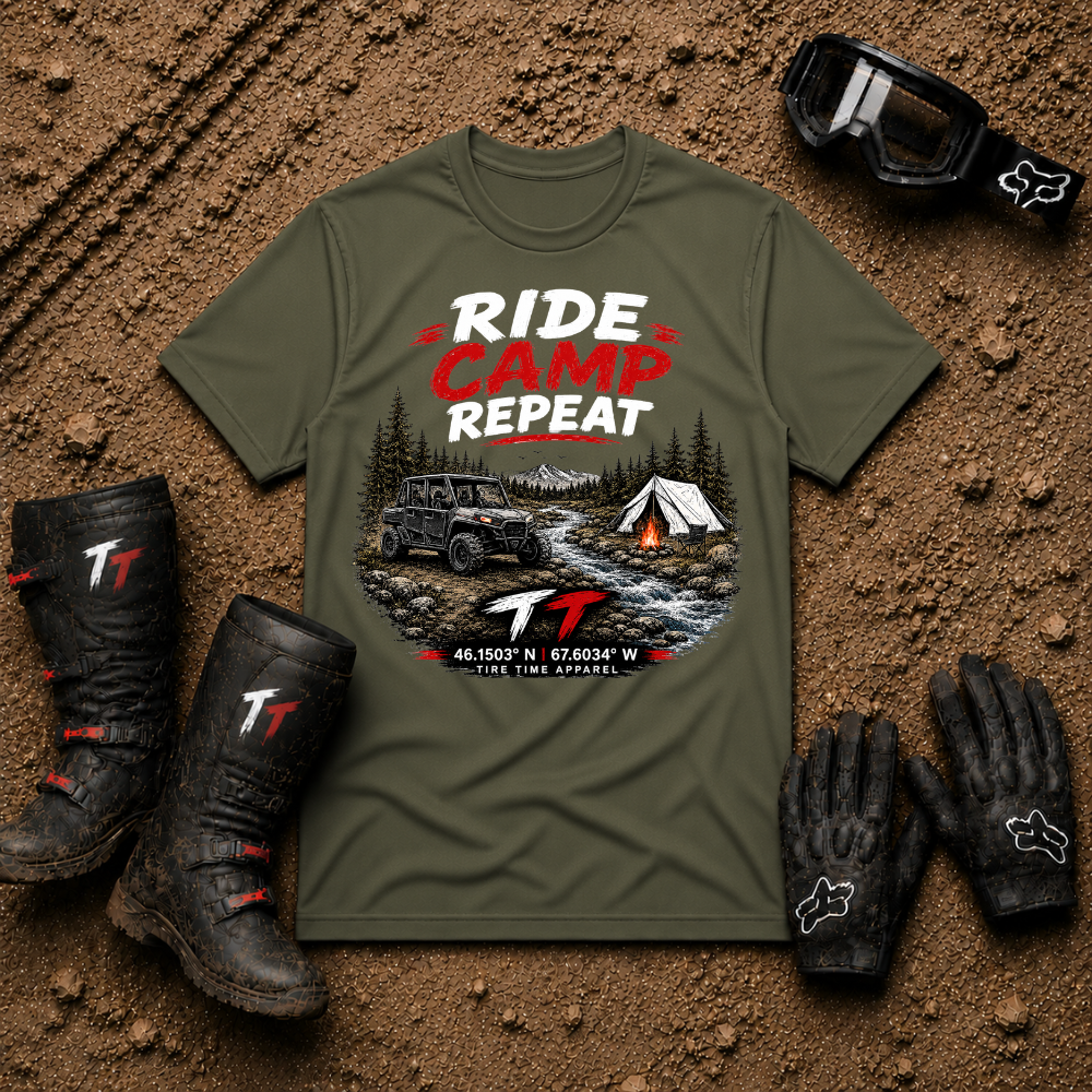 Military green Ride Camp Repeat off-road trail and campfire t-shirt — Tire Time Offroad