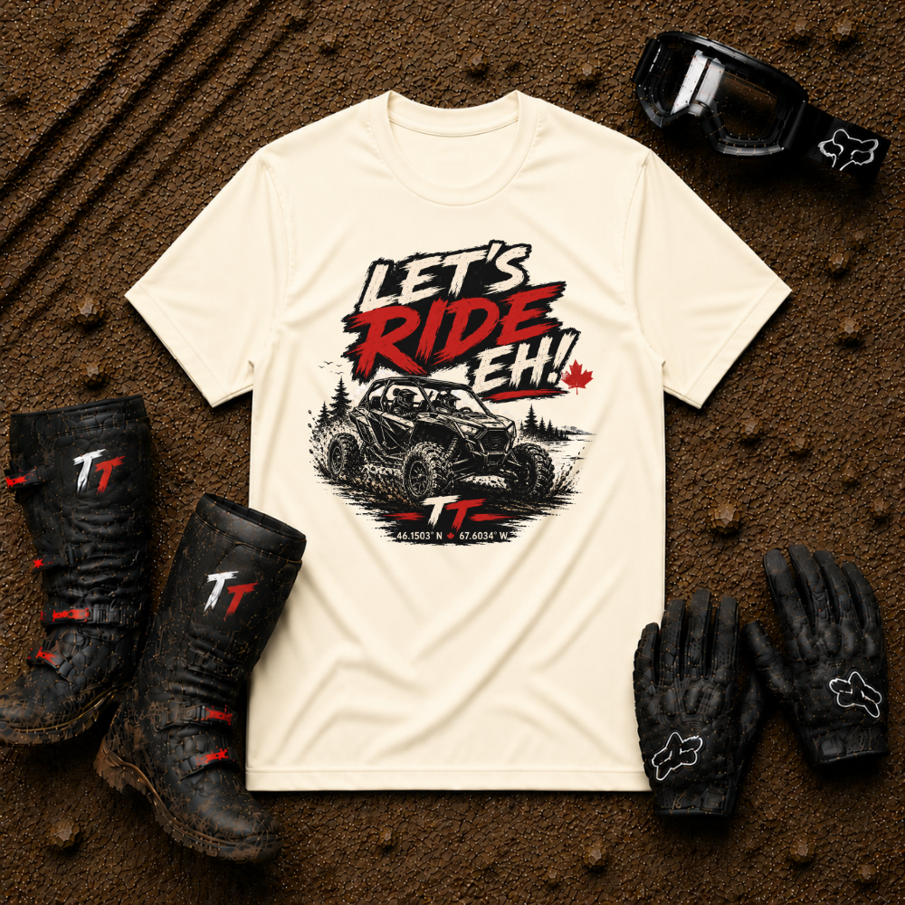 Let's Ride Eh! Off-Road T-Shirt in Natural - Canadian ATV UTV Graphic Tee | Tire Time