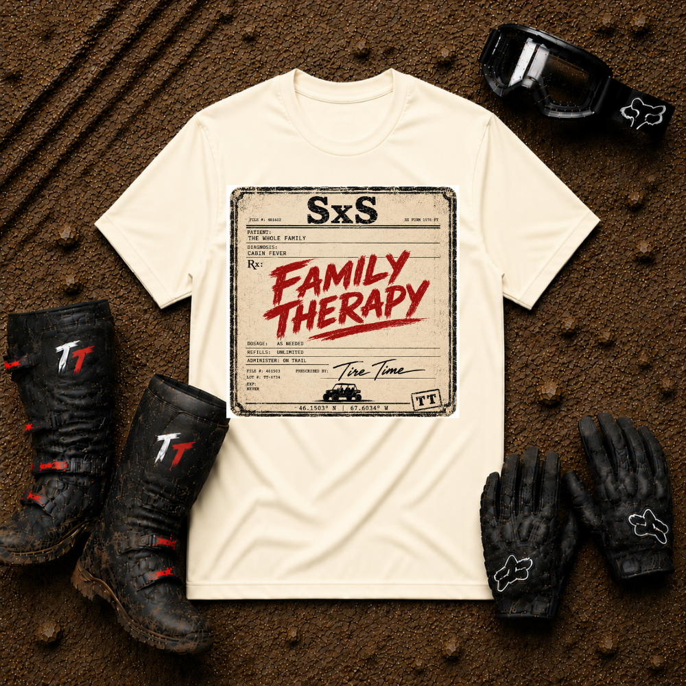 Family Therapy Prescription t-shirt in Natural — retro Rx chart design for off-road ATV and UTV trail riding families | Tire Time Offroad