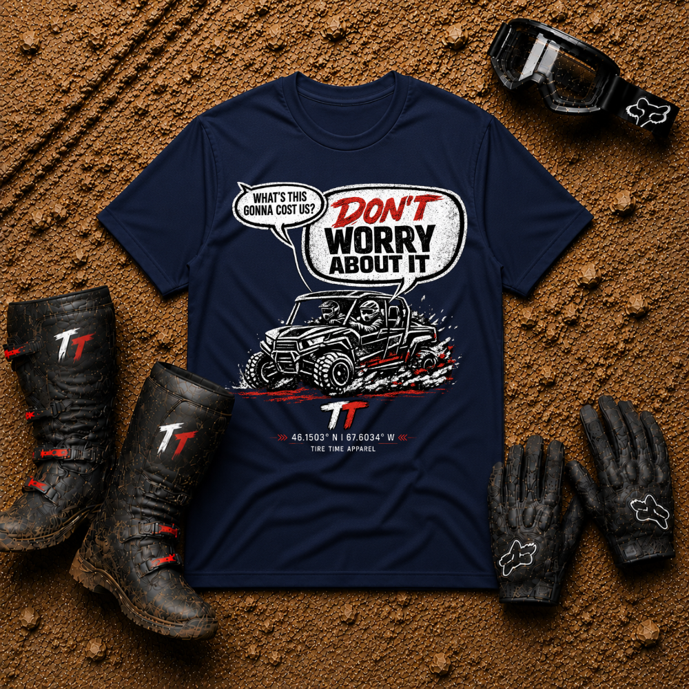 Navy Don't Worry About It vintage side-by-side graphic tee, unisex fit