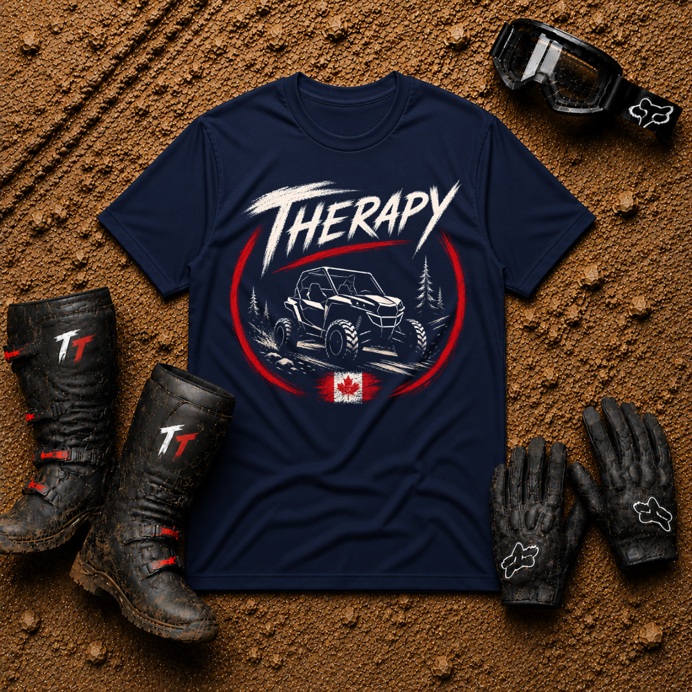 Therapy T-Shirt in Navy - UTV side-by-side trail graphic with Canadian flag, Tire Time Offroad