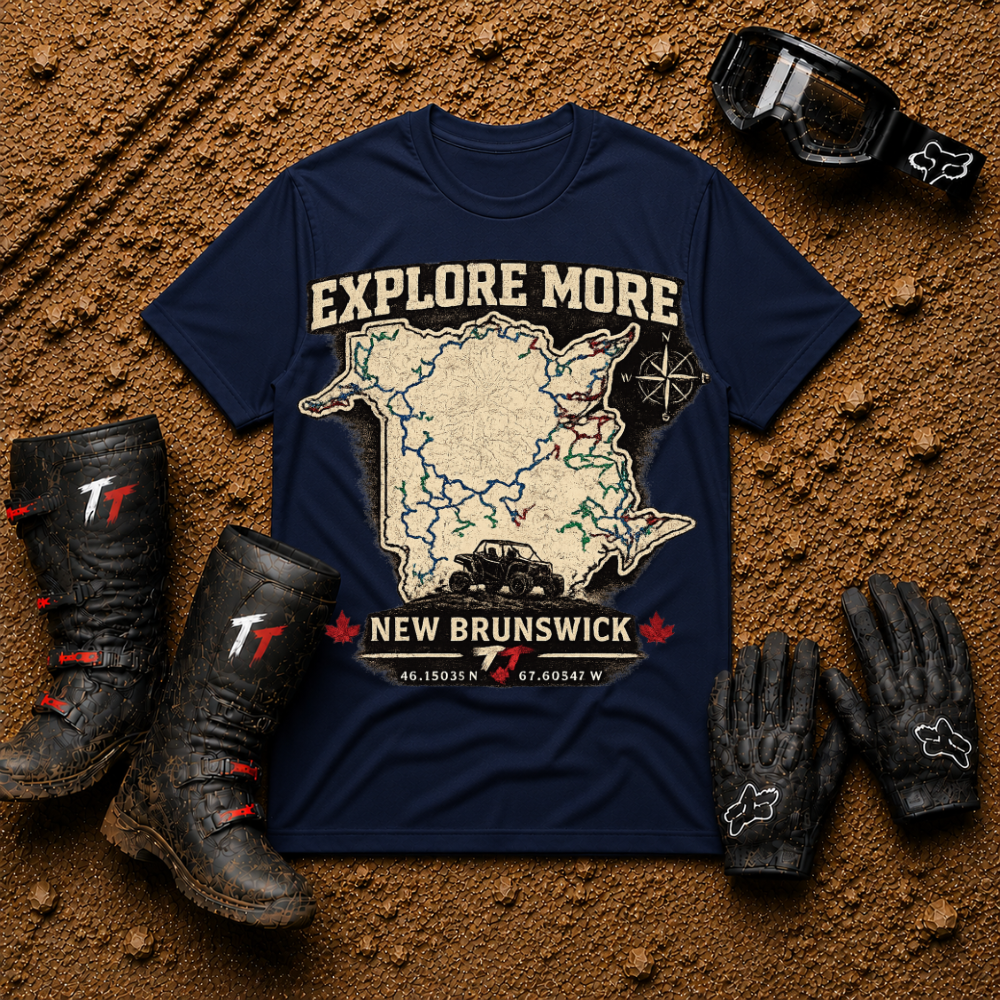 Navy New Brunswick ATV trail map t-shirt showing the province drawn from its trail network — Tire Time Offroad