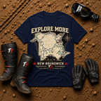 Navy New Brunswick ATV trail map t-shirt showing the province drawn from its trail network — Tire Time Offroad