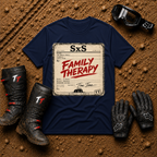 Family Therapy Prescription t-shirt in Navy — retro Rx chart design for off-road ATV and UTV trail riding families | Tire Time Offroad