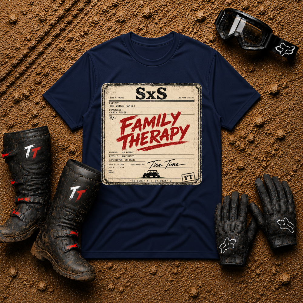 Family Therapy Prescription t-shirt in Navy — retro Rx chart design for off-road ATV and UTV trail riding families | Tire Time Offroad