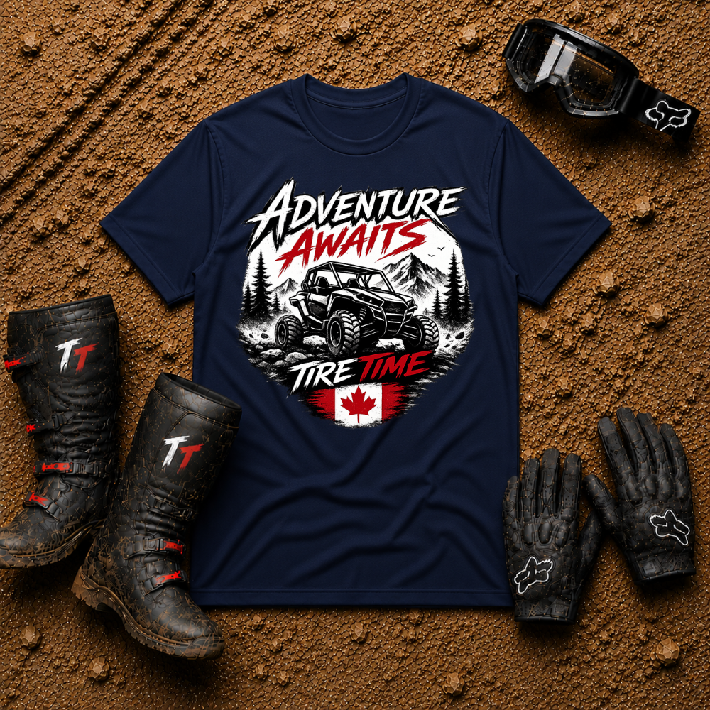 Navy Adventure Awaits UTV and ATV adventure shirt — Tire Time Offroad