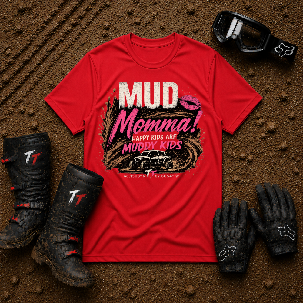 Red Mud Momma t-shirt — Caffeine, Chaos & Horsepower off-road mom tee