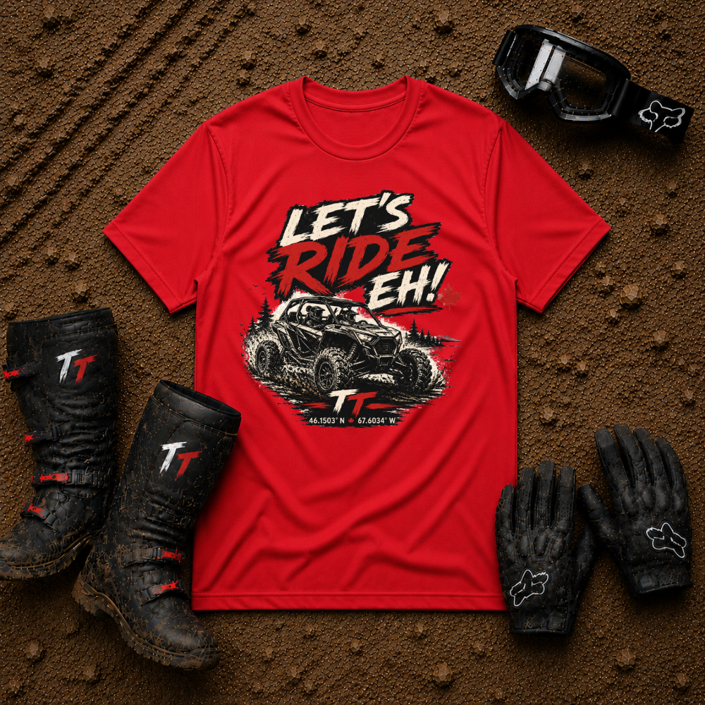 Let's Ride Eh! Off-Road T-Shirt in Red - Canadian ATV UTV Graphic Tee | Tire Time